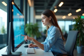 Jeune femme en bureau moderne utilisant un écran tactile