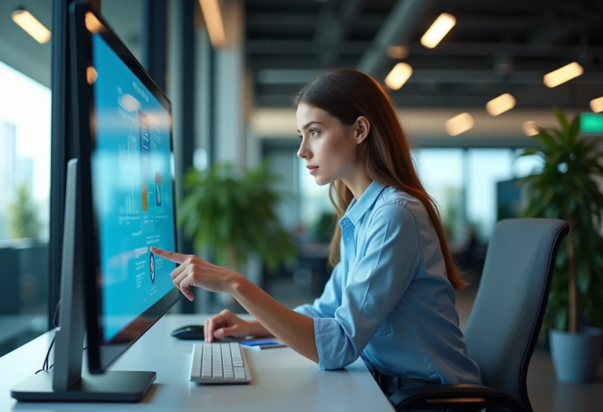 Jeune femme en bureau moderne utilisant un écran tactile