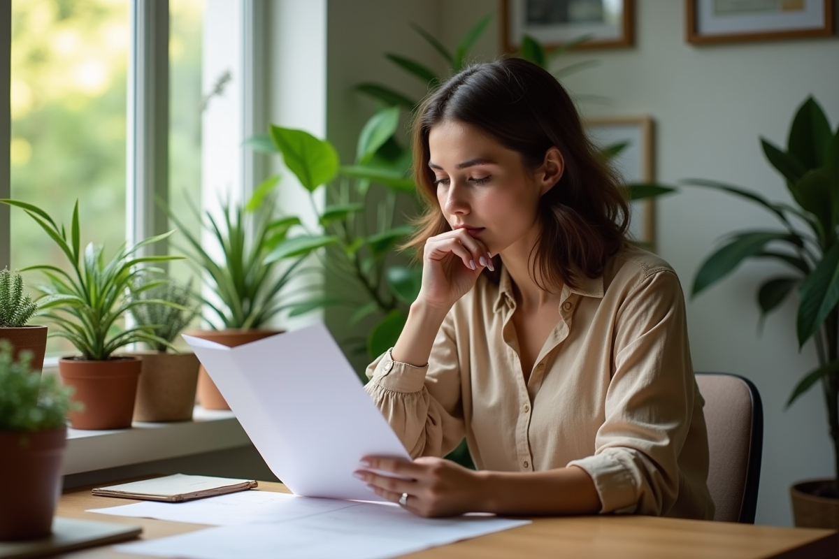 Femme en bureau moderne examine brochures éco-responsables