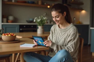 Jeune femme concentrée jouant à Monopoly GO sur tablette