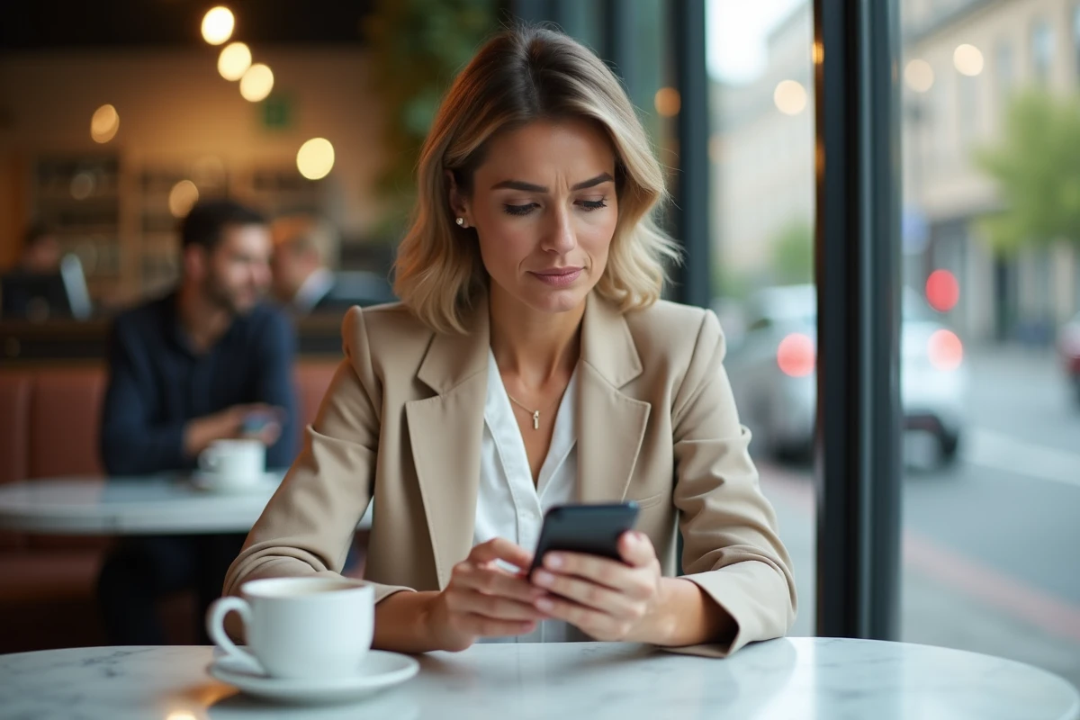 Femme professionnelle lisant des messages sur une application de rencontre haut de gamme dans un café