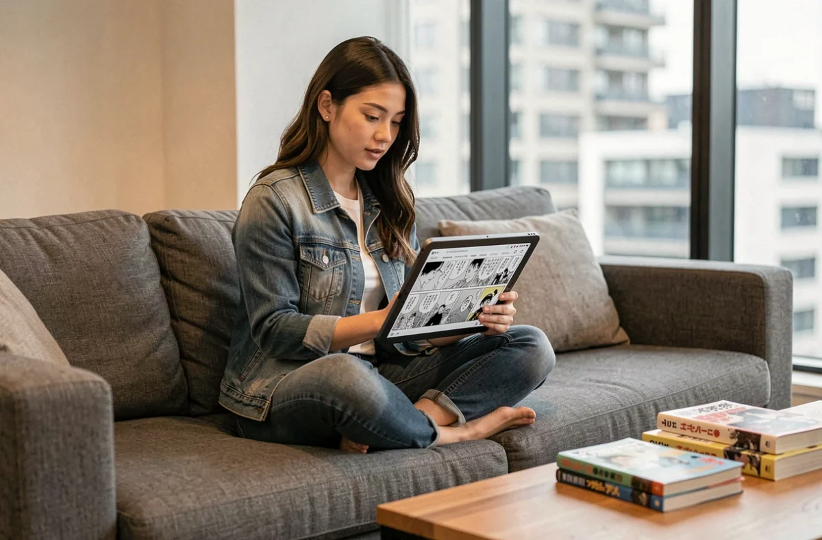 Jeune femme parcourant des sites alternatifs de scanlation sur une tablette dans son salon
