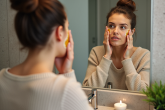Femme appliquant une huile visage dans un miroir moderne