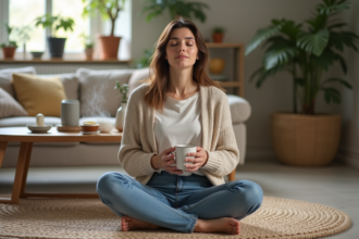 Femme assise en méditation dans un salon paisible