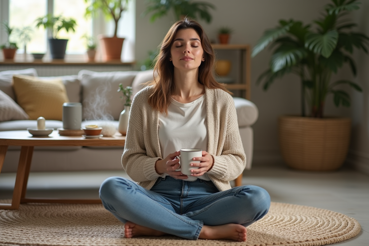 Femme assise en méditation dans un salon paisible