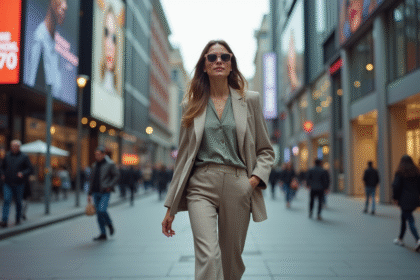 Femme confiante en mode durable dans la ville moderne
