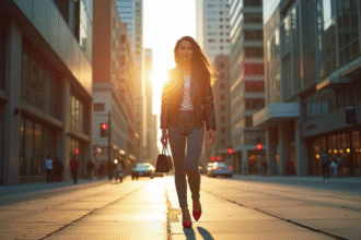 Femme élégante marchant en ville avec chaussures tendance
