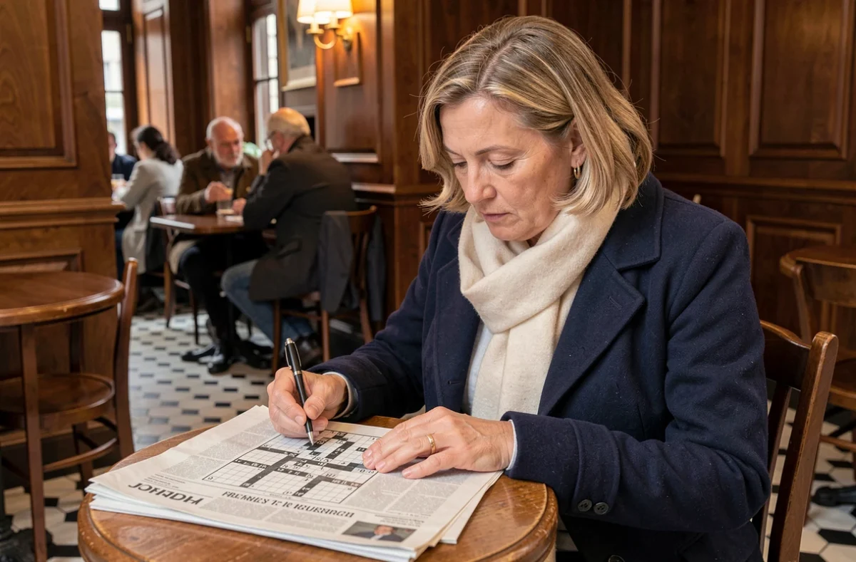 Femme belge résolvant des mots croisés avec des villes belges à 4 lettres dans une brasserie traditionnelle de Bruxelles