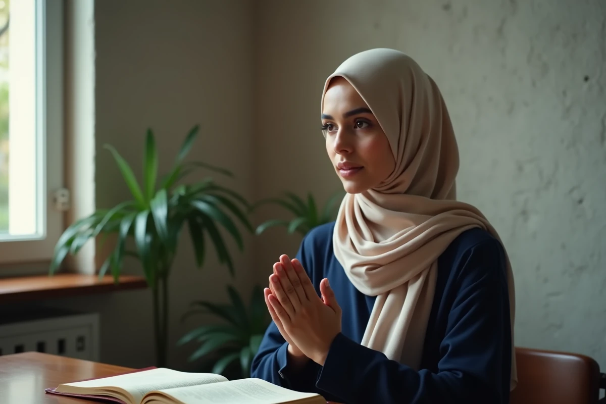 Jeune femme musulmane voilée en abaya bleue faisant une prière istikhara devant un Coran ouvert dans une pièce studieuse