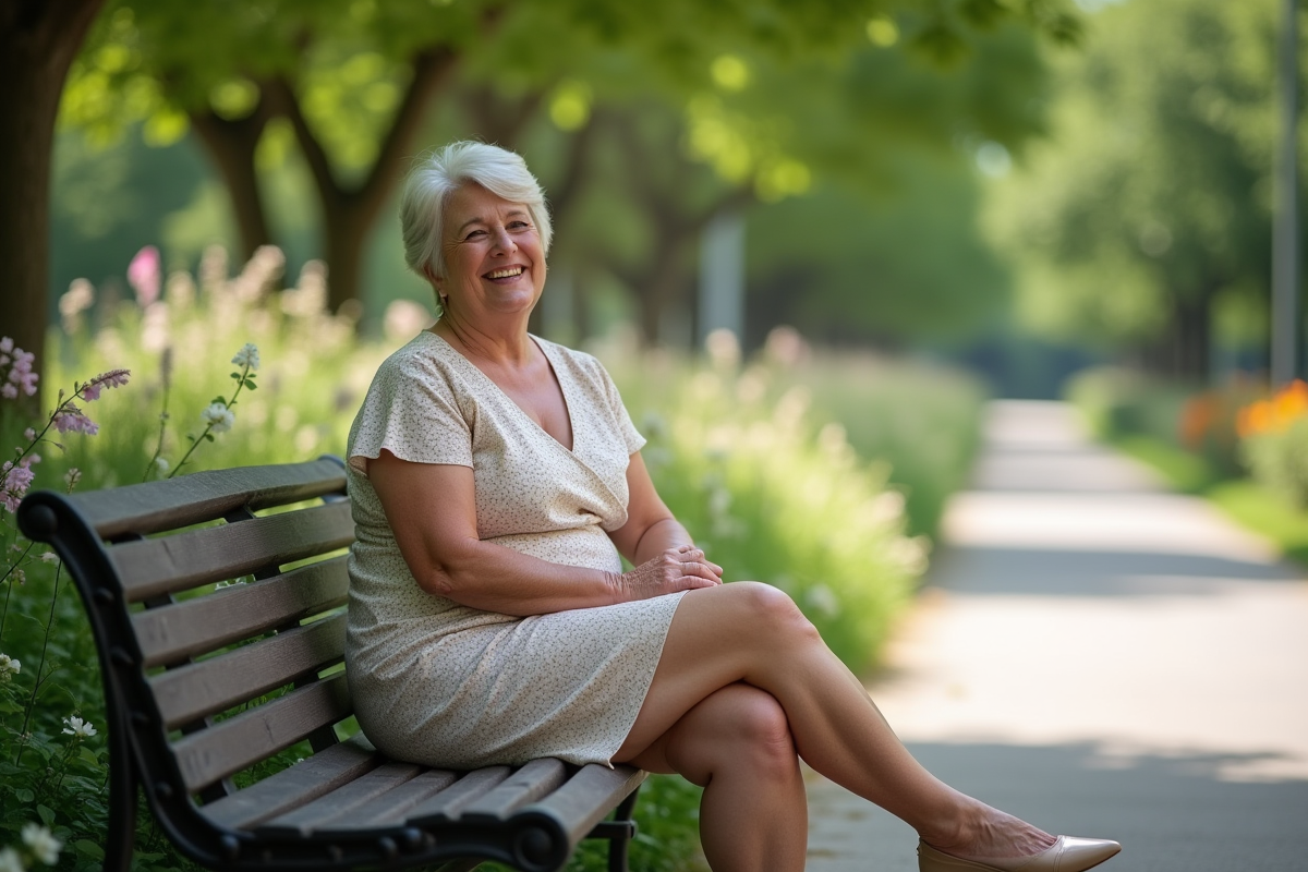 Femme souriante assise sur un banc dans un parc