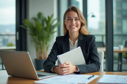 Femme professionnelle souriante avec dossier dans un bureau moderne