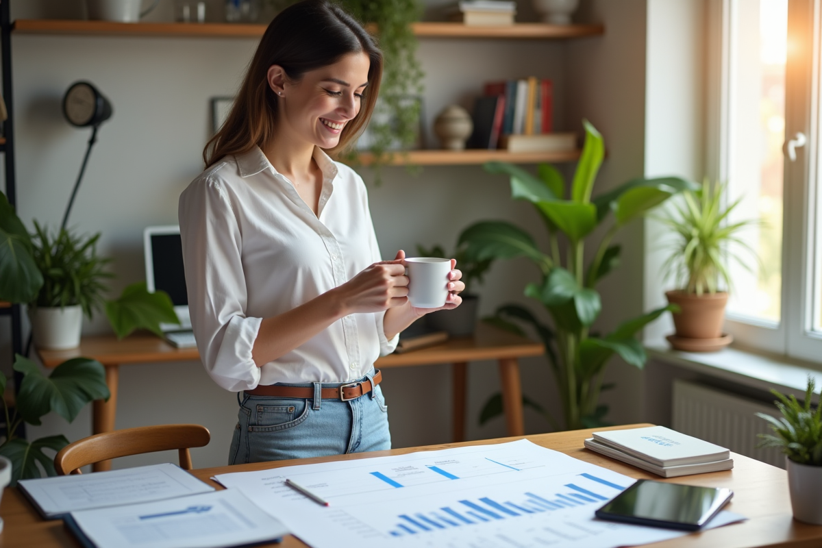Jeune femme souriante avec graphique de projections