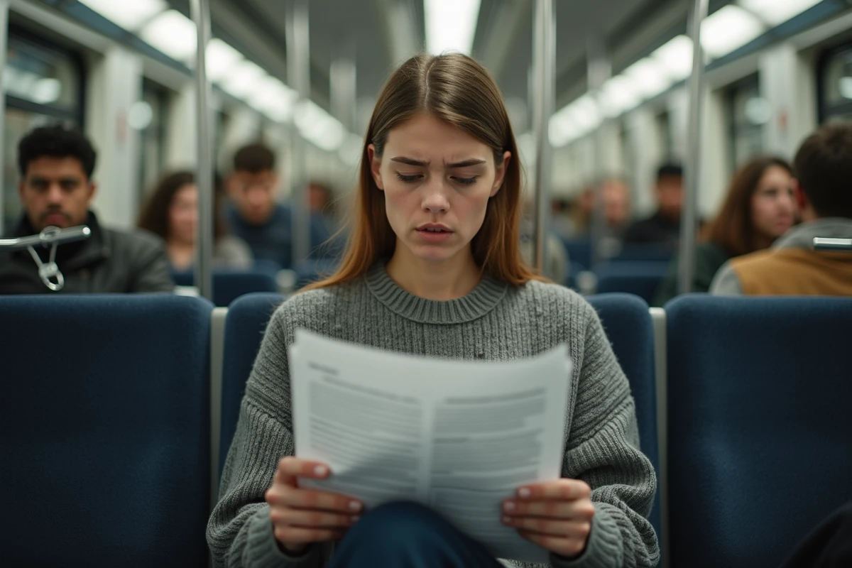 Jeune femme inquiète lisant un PV de fraude dans la rame de métro parisien