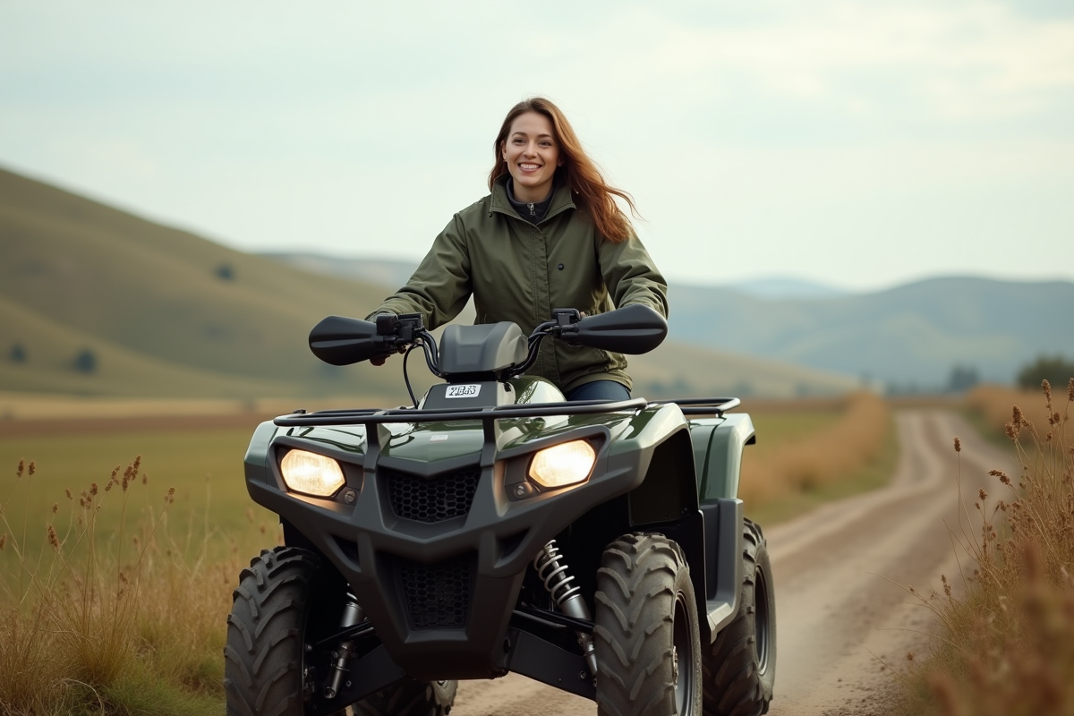 Femme souriante sur un quad dans la nature