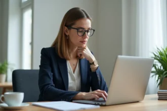 Femme professionnelle rédigeant un email à un notaire sur son ordinateur portable dans un bureau à domicile organisé
