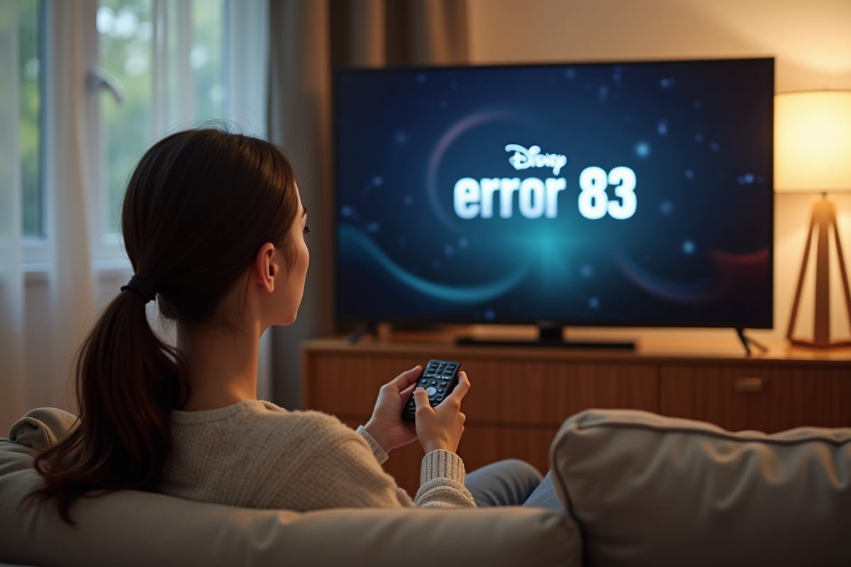 Jeune femme frustrée regardant la TV avec erreur Disney 83