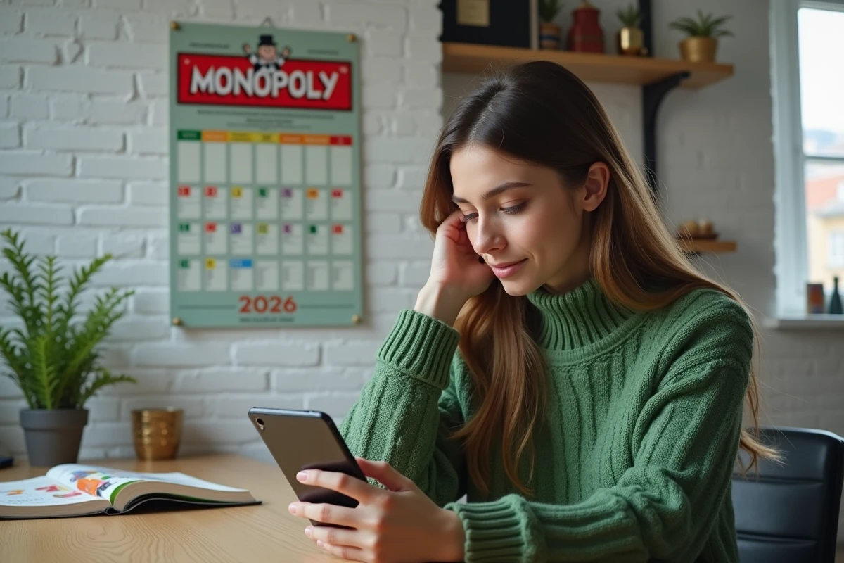 Jeune femme en vert consulte son smartphone dans un bureau