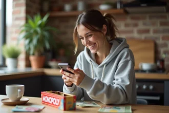 Jeune femme souriante tenant un smartphone affichant Monopoly Go avec un plateau de jeu Monopoly sur la table