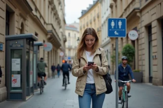 Femme regardant son smartphone devant un panneau WC en ville