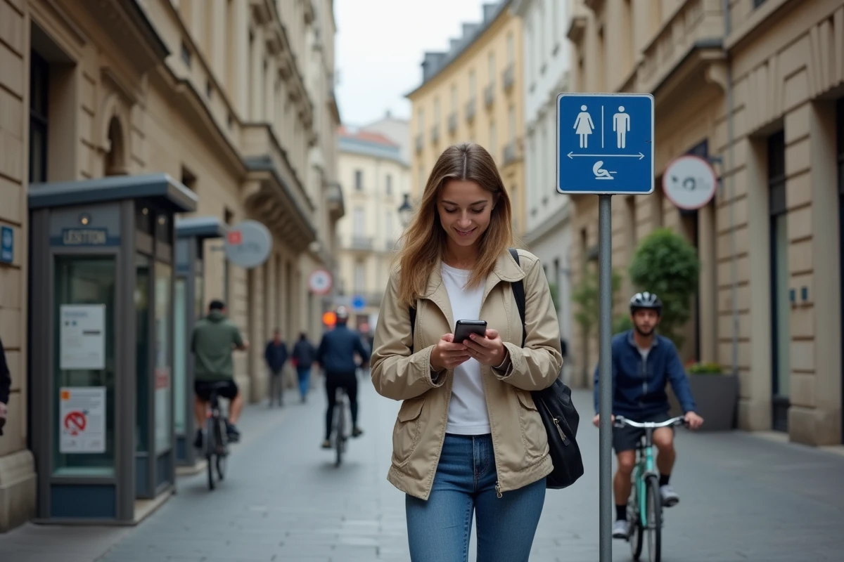 Femme regardant son smartphone devant un panneau WC en ville