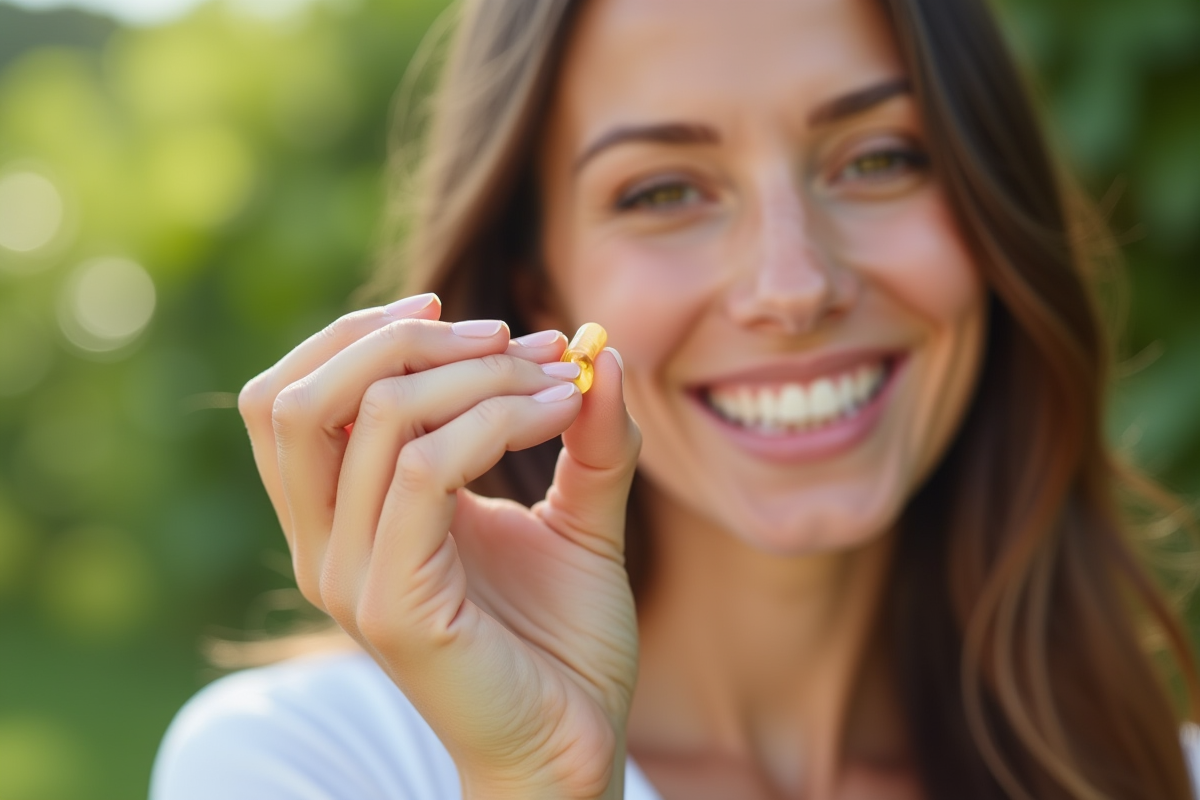 Femme souriante tenant une capsule de complément vitaminé