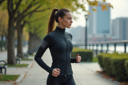 Jeune femme en jogging portant une veste high-tech en ville