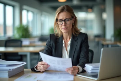 Femme cadre ou profession intermédiaire réfléchissant à son statut professionnel dans un bureau moderne
