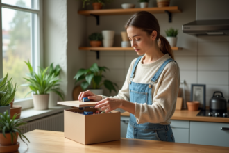 Jeune femme triant des piles dans une cuisine chaleureuse