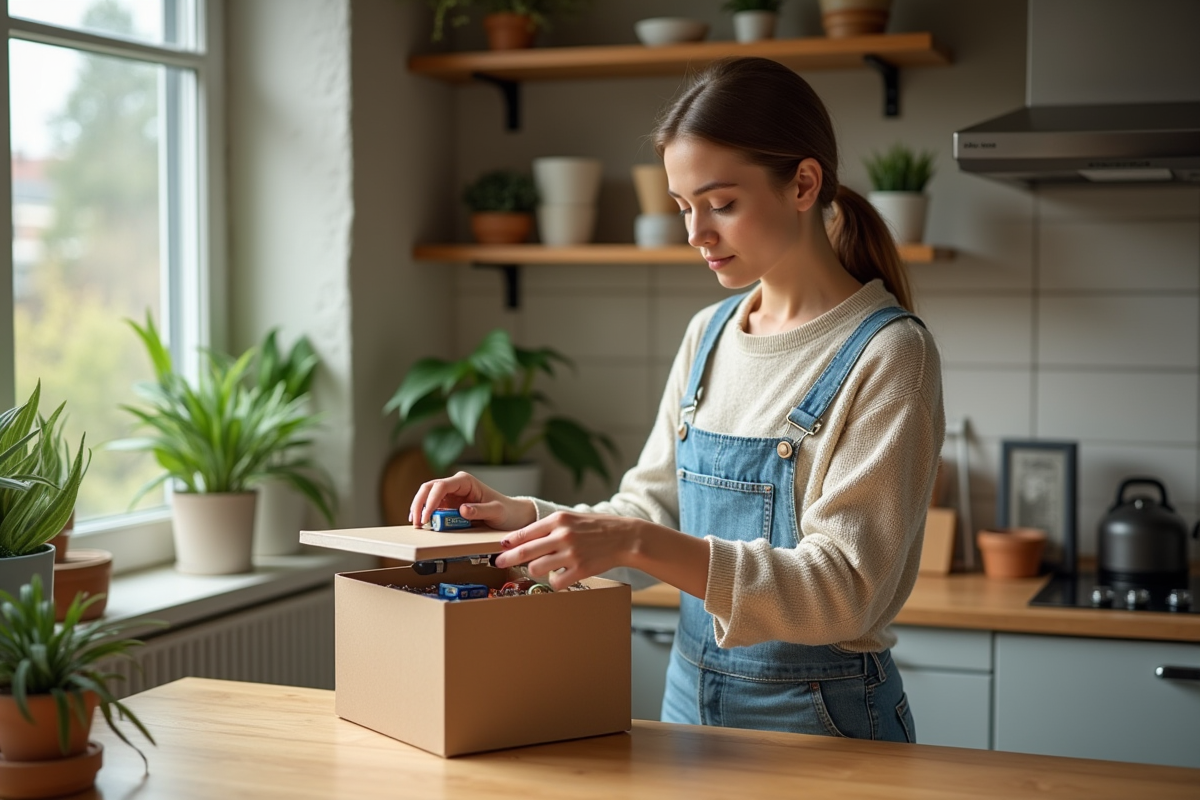 Jeune femme triant des piles dans une cuisine chaleureuse