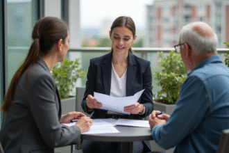 Jeune femme en blazer discutant avec un couple sur un balcon urbain