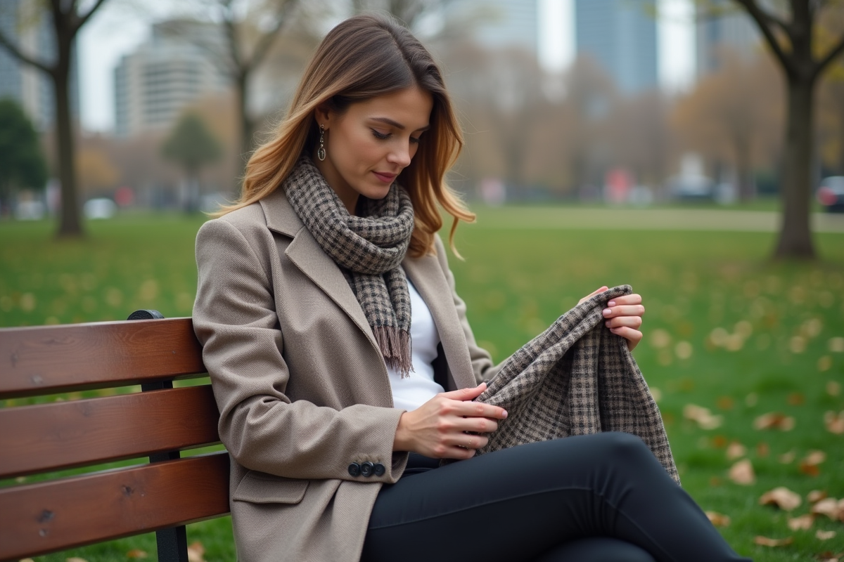 Femme élégante comparant foulard et blazer en ville