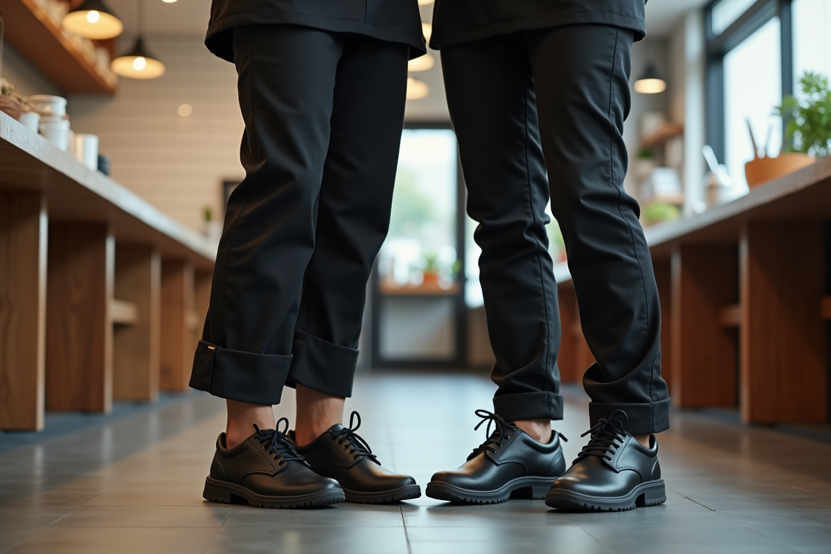 Deux femmes en uniforme discutant avec leurs chaussures de sécurité
