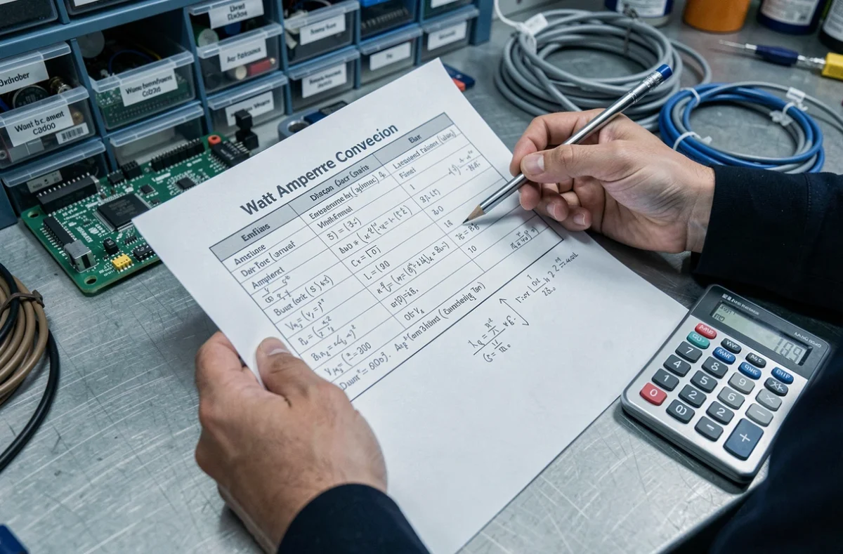 Gros plan sur une fiche technique de conversion watts-ampères annotée à côté d'une calculatrice scientifique sur un établi d'atelier électronique