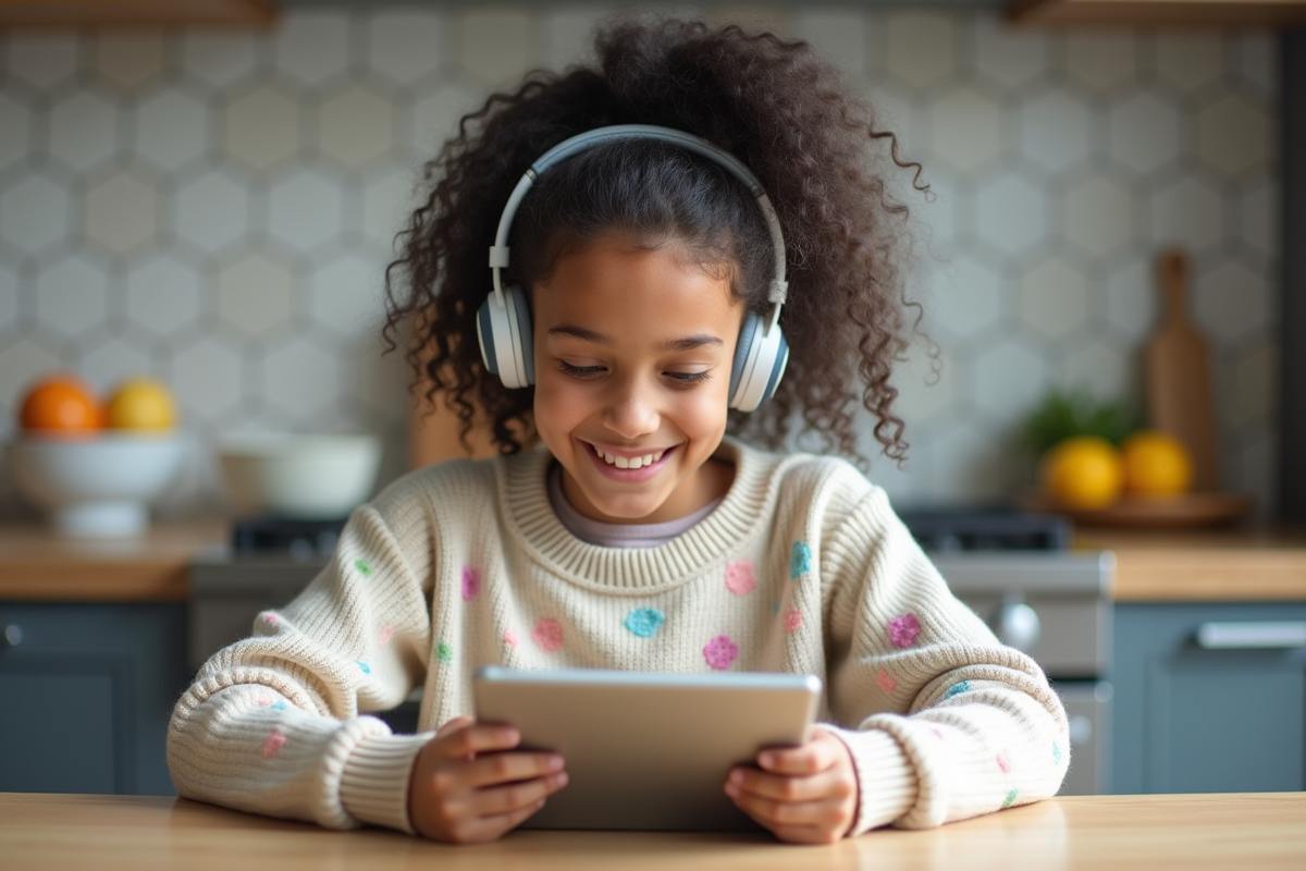 Fille étudiante souriante utilisant une tablette à la cuisine