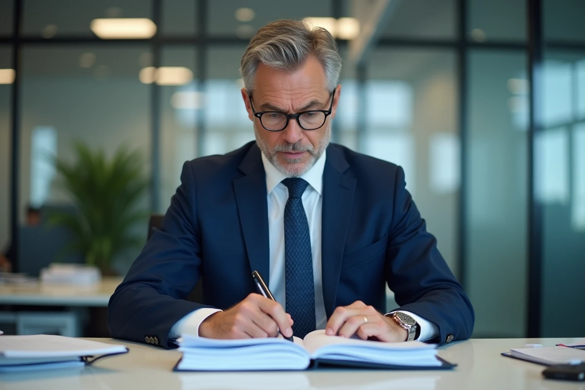 Homme fonctionnaire en costume bleu lisant des documents officiels