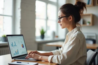 Freelance créatrice analysant des tableaux de croissance sur un ordinateur portable dans un bureau minimaliste à domicile
