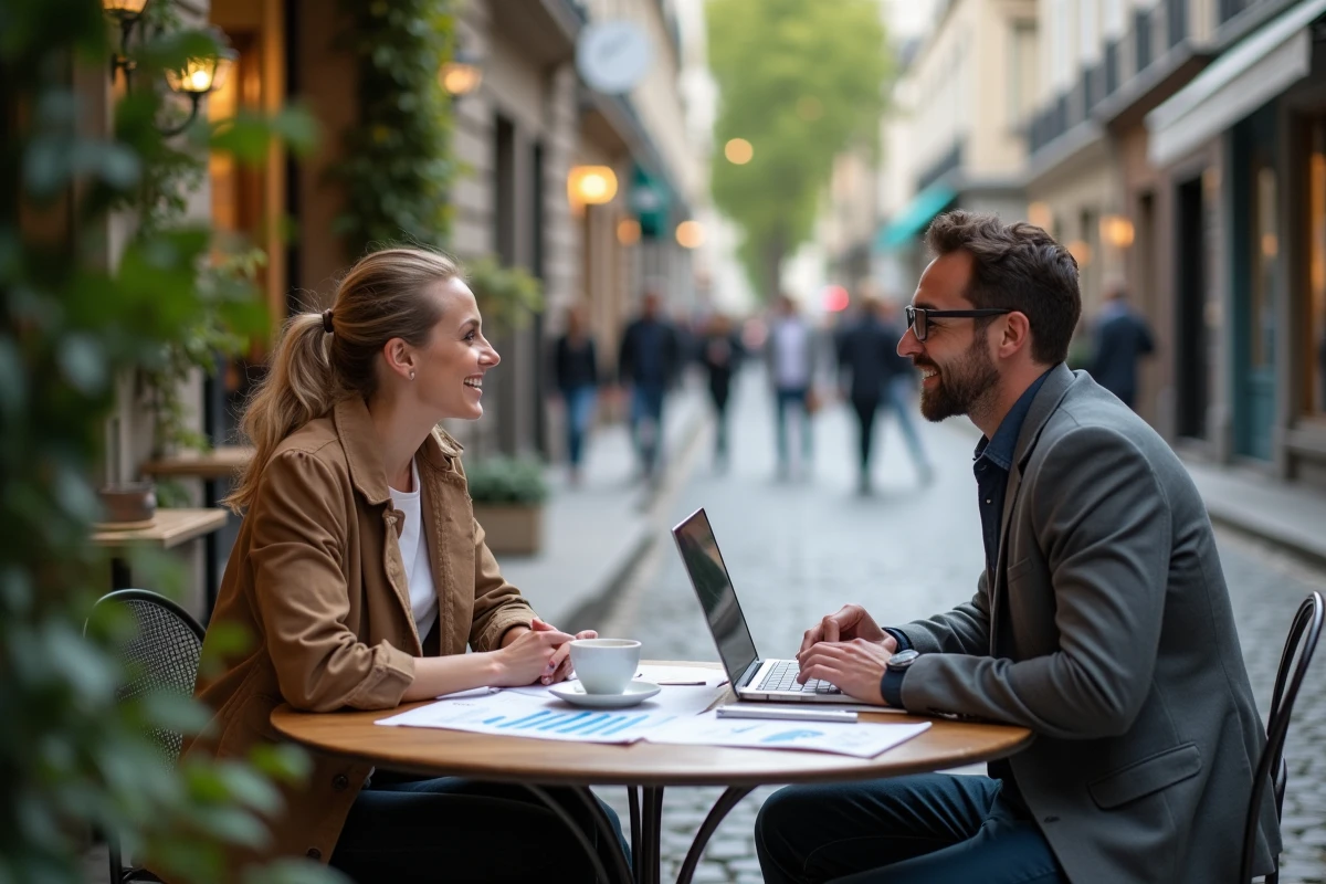 Deux freelances discutant de stratégie de croissance autour de graphiques sur une terrasse de café parisien