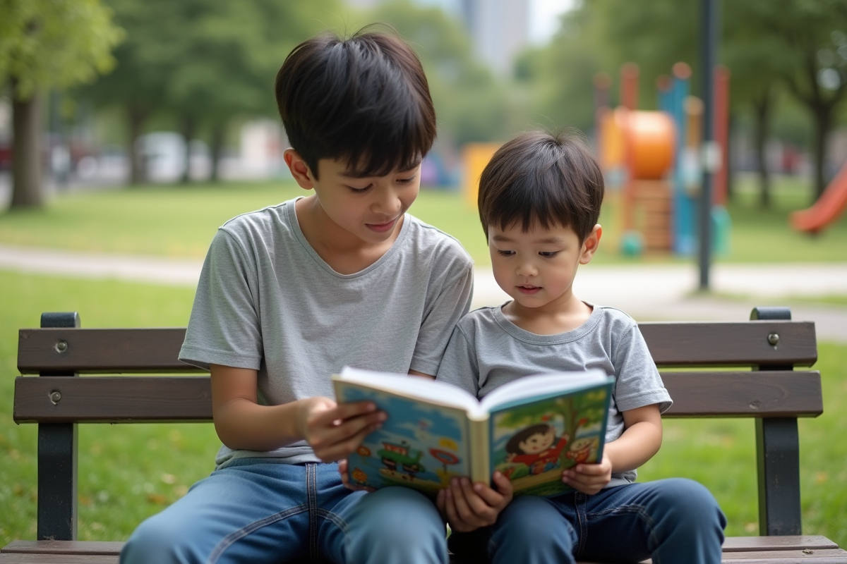 Freres lisant un livre dans un parc en plein air