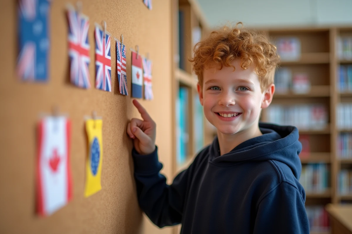 Garçon souriant pointant le drapeau anglais sur un tableau de drapeaux internationaux dans une bibliothèque scolaire