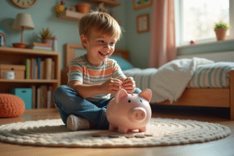 Jeune garçon place des pièces dans une tirelire dans sa chambre chaleureuse