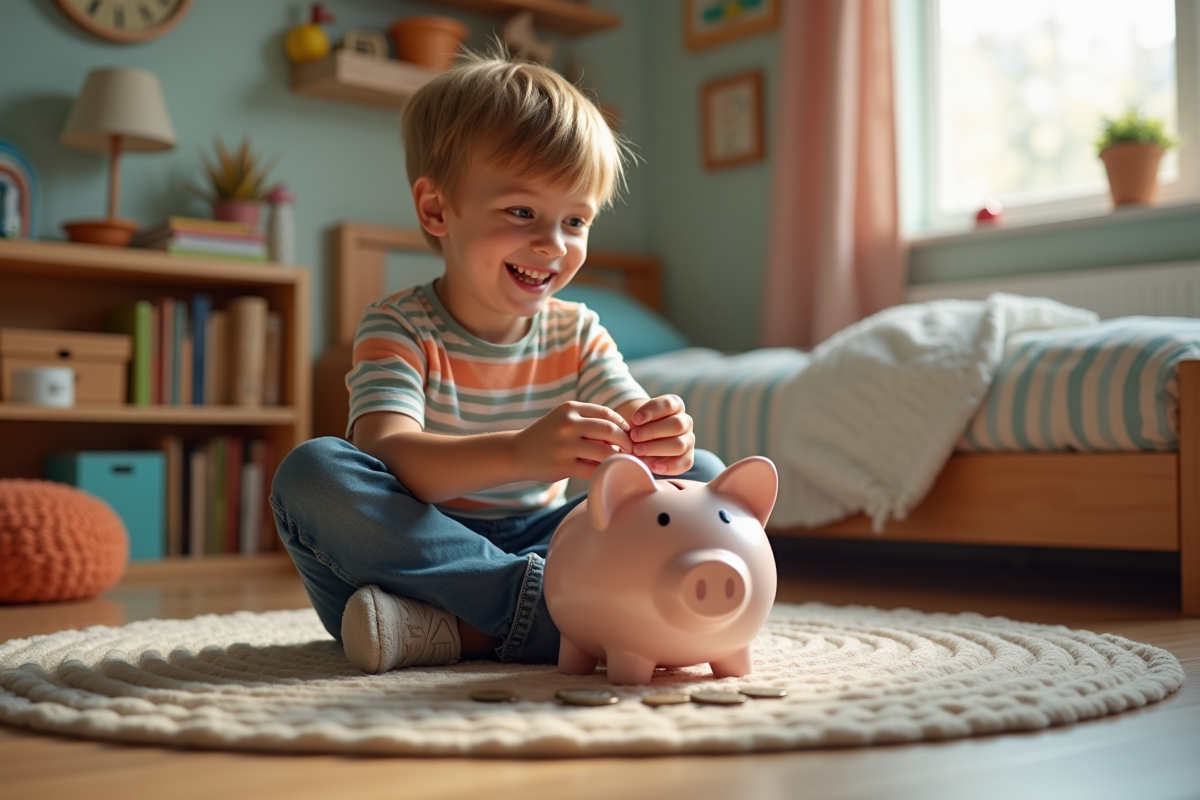Jeune garçon place des pièces dans une tirelire dans sa chambre chaleureuse