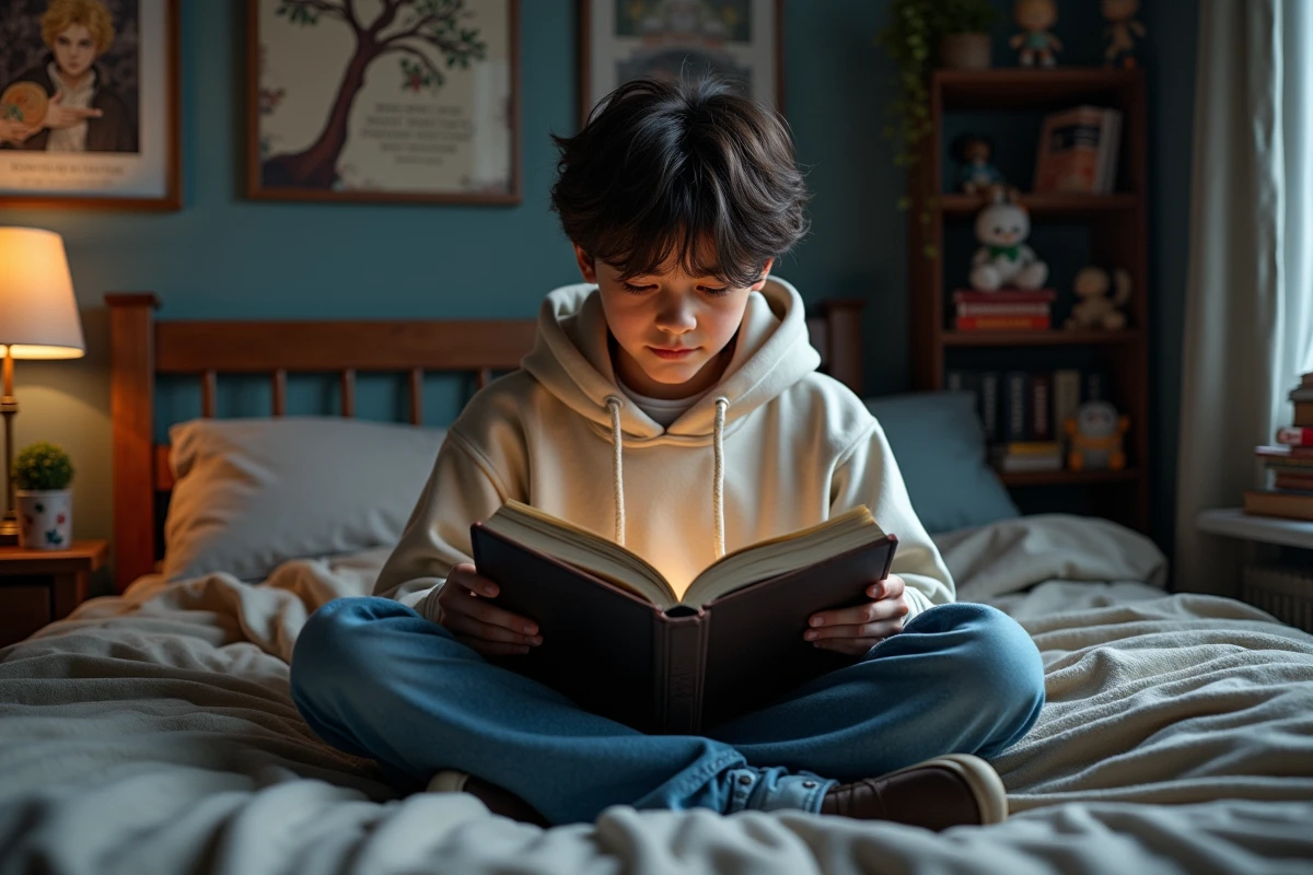 Adolescent concentré lisant un manga dans sa chambre sombre