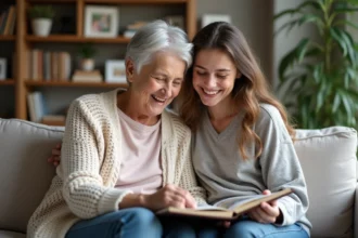 Souriante grand-mere et petite fille feuilletant un album photo