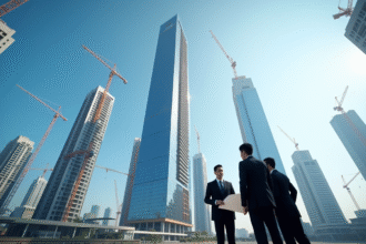 Gratte-ciel moderne en construction avec des professionnels en discussion