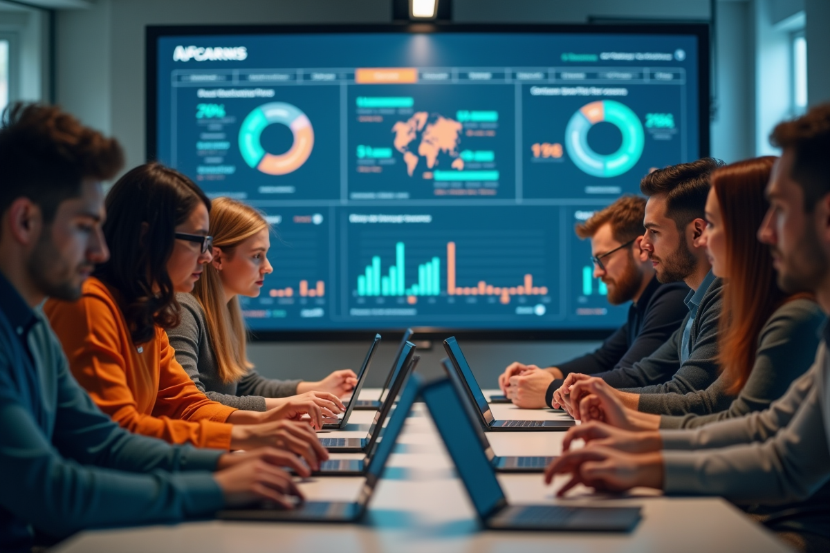 Groupe d adultes concentrés sur des tablettes dans un bureau moderne