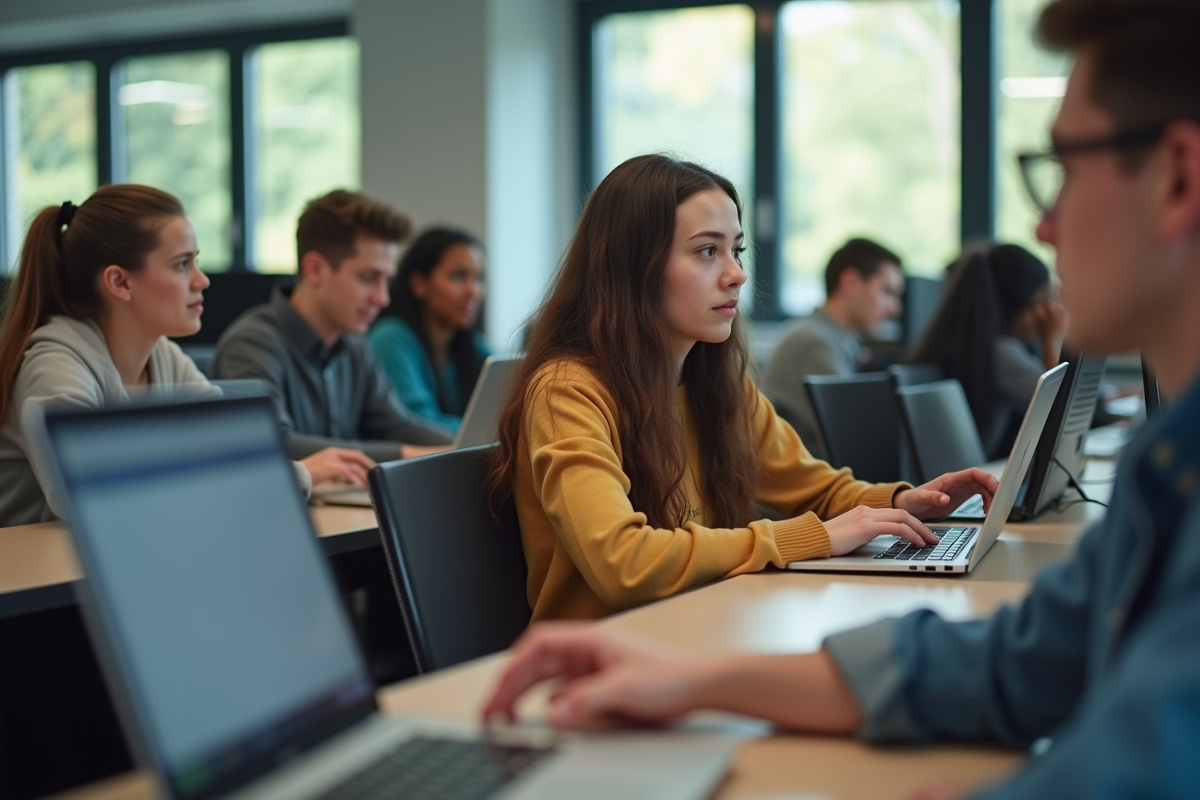 Groupe de jeunes adultes travaillant sur des ordinateurs dans un laboratoire moderne