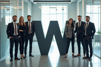 Groupe de professionnels dans un bureau moderne avec lettre W