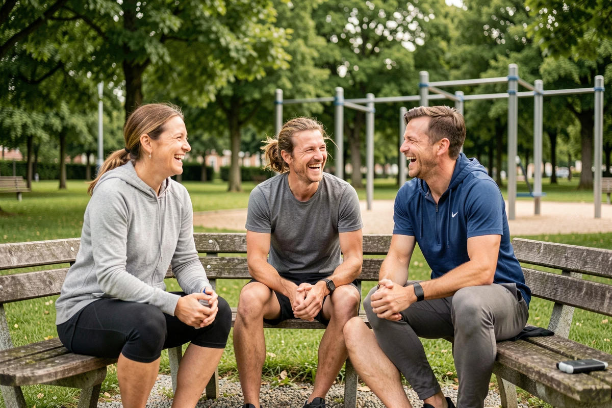 Groupe d'adultes qui se détend dans un parc de Cholet après une séance de sport en plein air pour se ressourcer après le travail