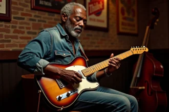 Guitariste de blues jouant un accord B7 sur une Telecaster sunburst dans un club de blues vintage