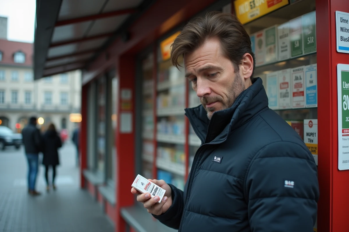 Homme tenant un paquet de cigarettes Winston devant un kiosque à tabac en Allemagne, comparant les prix affichés des marques de cigarettes en 2026